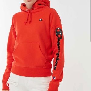 Champion Polka Dot Logo Hoodie Sweatshirt size in orange red